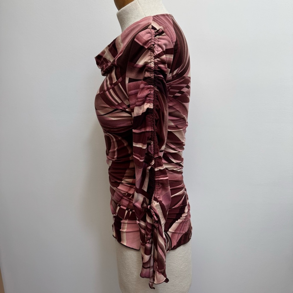 Classy- Vintage Pink and Burgundy Abstract Ruched Tie-Sleeve Blouse-Y2K - Picture 6 of 13